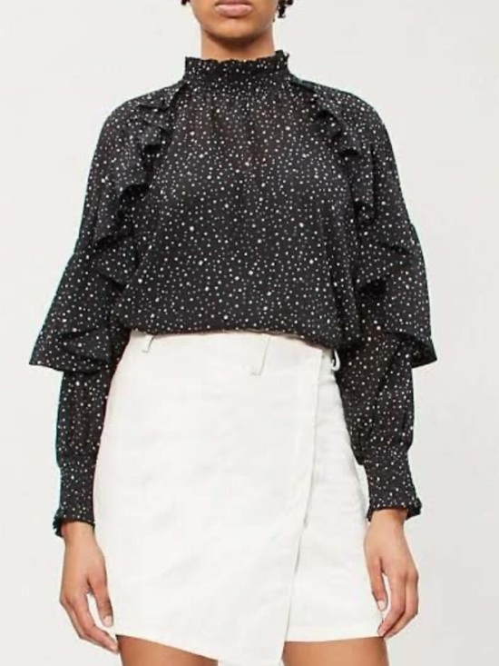 Maje Tops - Maje Black Star-Print Ruffle-Neck Blouse